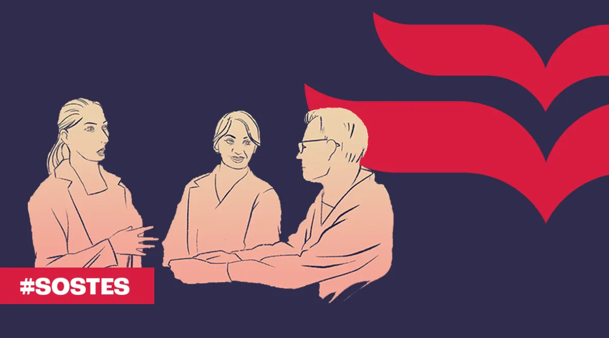 Sinisellä pohjalla oleva piirroskuva, jossa kolme henkilöä keskustelee keskenään.