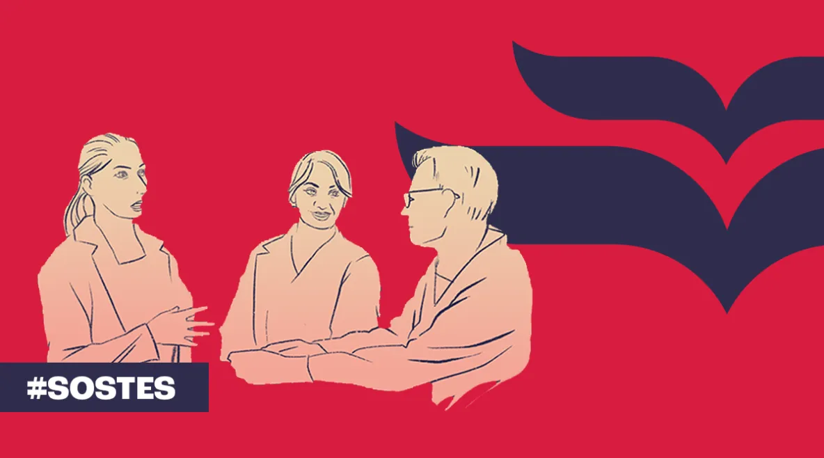 Punaisella pohjalla oleva piirroskuva, jossa kolme henkilöä keskustelee keskenään