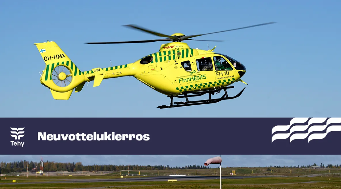 Kuvassa keltainen helikopteri ilmassa. 
