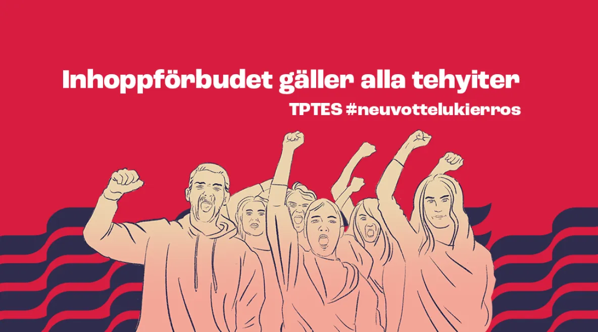 Punainen piirroskuva, jossa teksti ruotsiksi: &quot;Inhoppförbudet gäller alla tehyiter