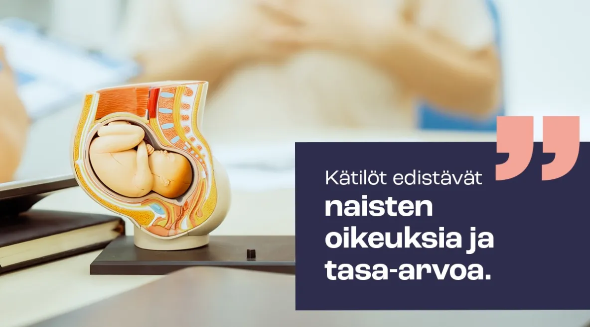 Kuvassa anatominen malli, jossa sikiö on kohdussa. Kuvassa teksti, jossa lukee "kätilöt edistävät naisten oikeuksia ja tasa-arvoa".