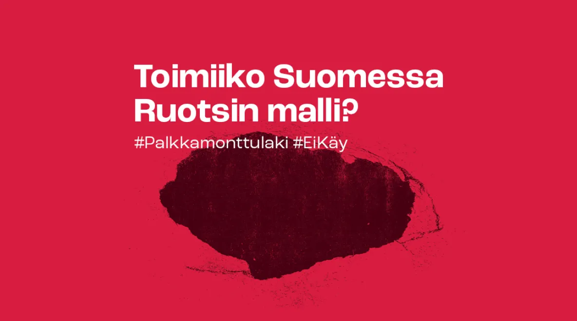 Piirroskuva, jossa punaisella pohjalla kuoppa ja siinä teksti &quot;Toimiiko Suomessa Ruotsin malli?&quot;
