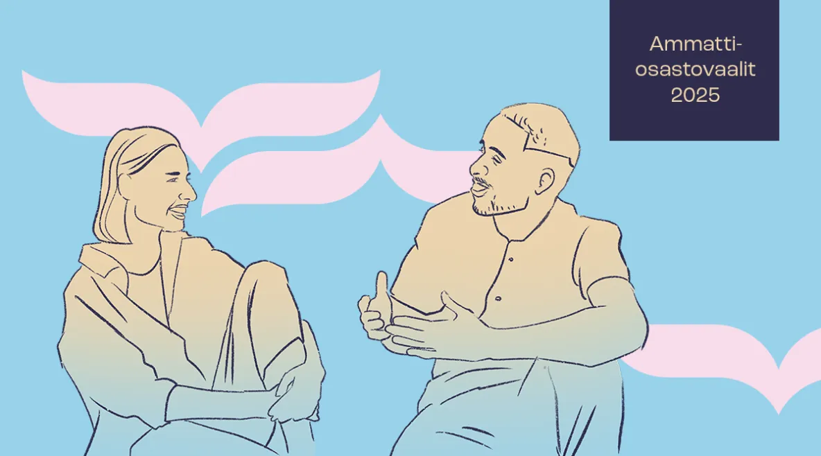 Piirroskuva, jossa mies ja nainen istuvat ja keskustelevat, lisäksi kuvassa logo, jossa lukee: Ammattiosastovaalit 2025