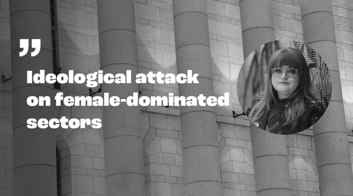 Kuvassa pylväsporras ja Tehyn puheenjohtaja. 