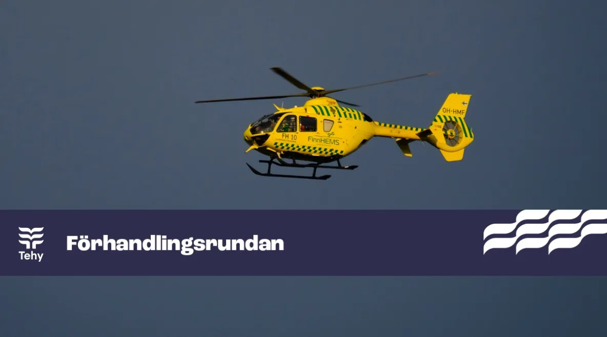 Kuvassa keltainen helikopteri ja teksti "förhandlingsrundan".