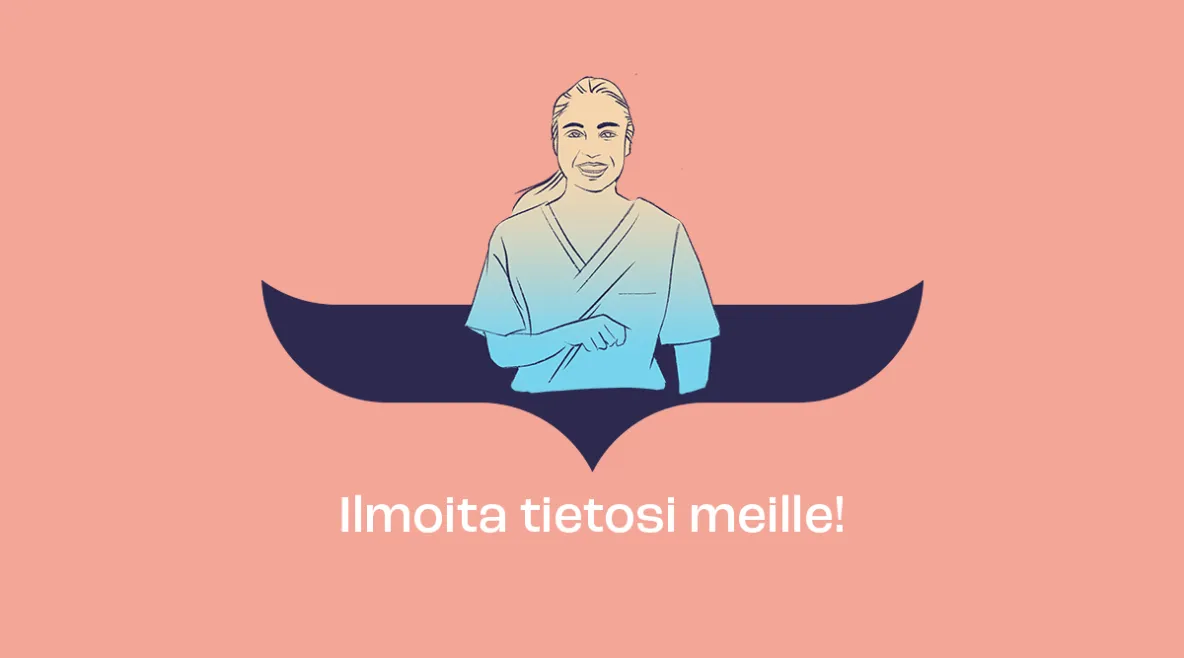 Piirroskuvassa iloinen nainen ja teksti "ilmoita tietosi meille".