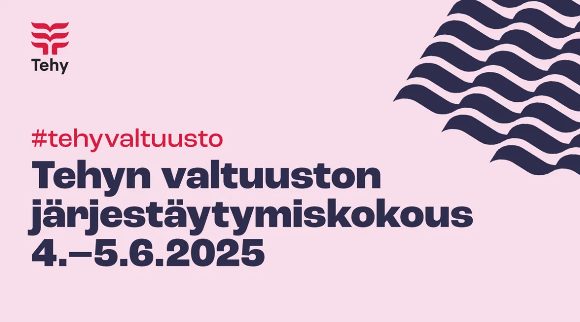Vaaleanpunaisella pohjalla teksti &quot;Tehyn valtuuston järjestäytymiskokous 4. - 5.6.2025