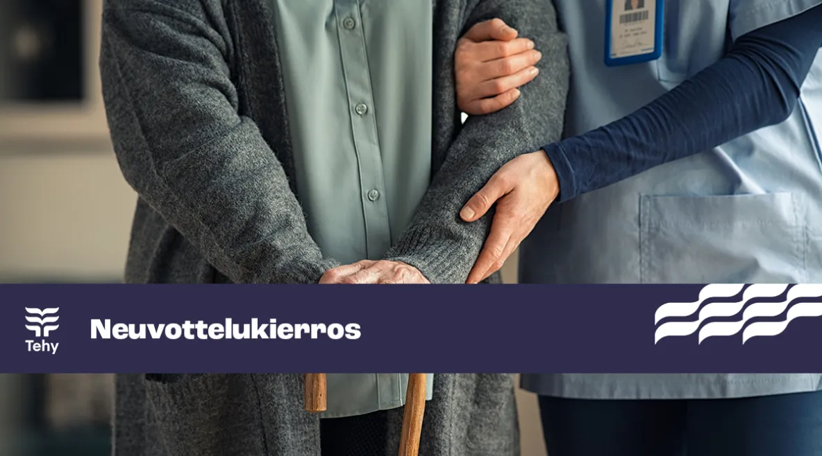 Kuvassa hoitaja taluttaa vanhusta. Kuvassa myös teksti, jossa lukee "Tehy, neuvottelukierros".
