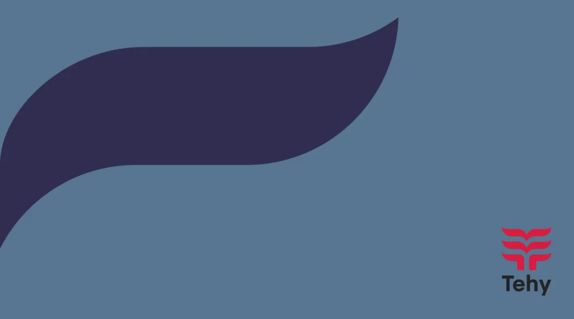 Sinisellä pohjalla Tehyn logo ja tummansininen siipi.