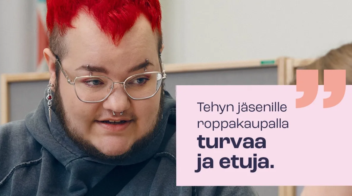 Punatukkainen mies katsoo lasta. Kuvassa teksti "Tehyn jäsenille roppakaupalla turvaa ja etuja. 