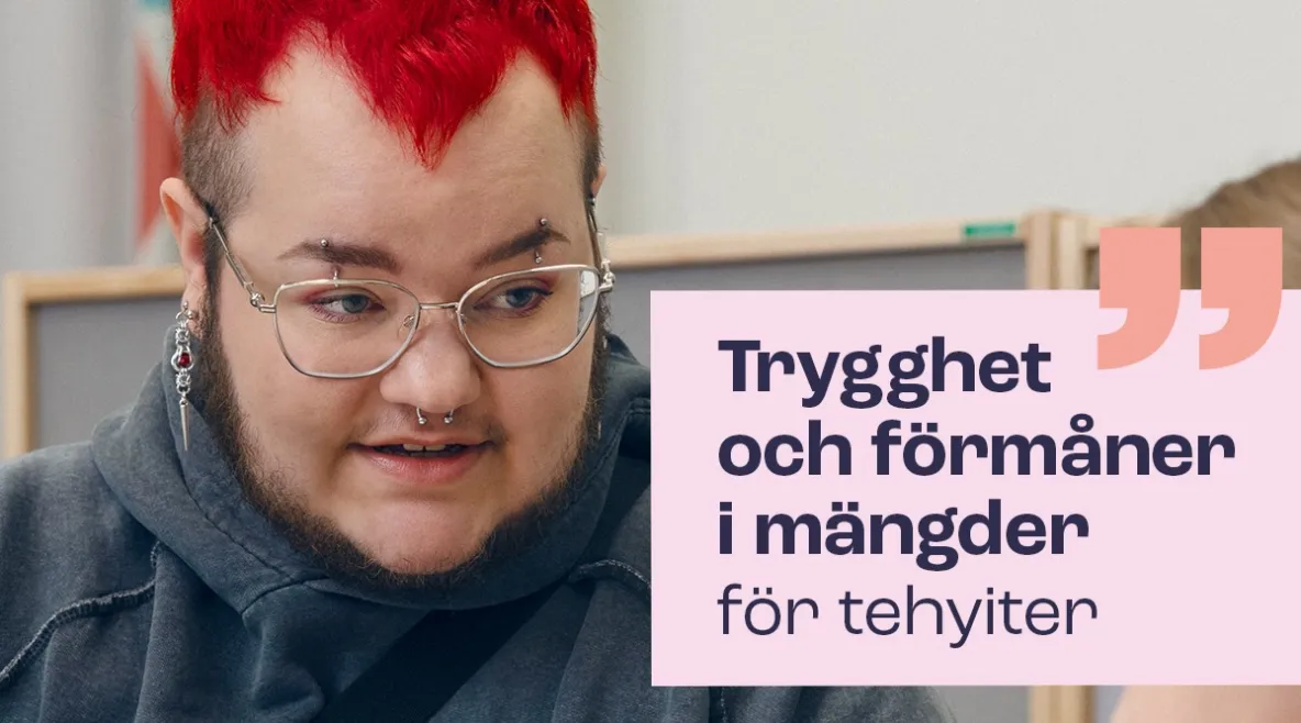 Kuvassa punatukkainen nuori mies ja teksti "Trygghet och förmåner i mängder för tehyiter".