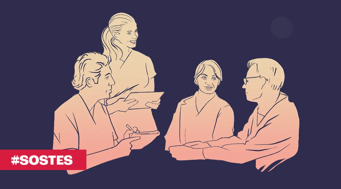 Piirroskuvassa hoitajat juttelevat keskenään, kuvassa myös punainen palkki, jossa lukee #sostes.
