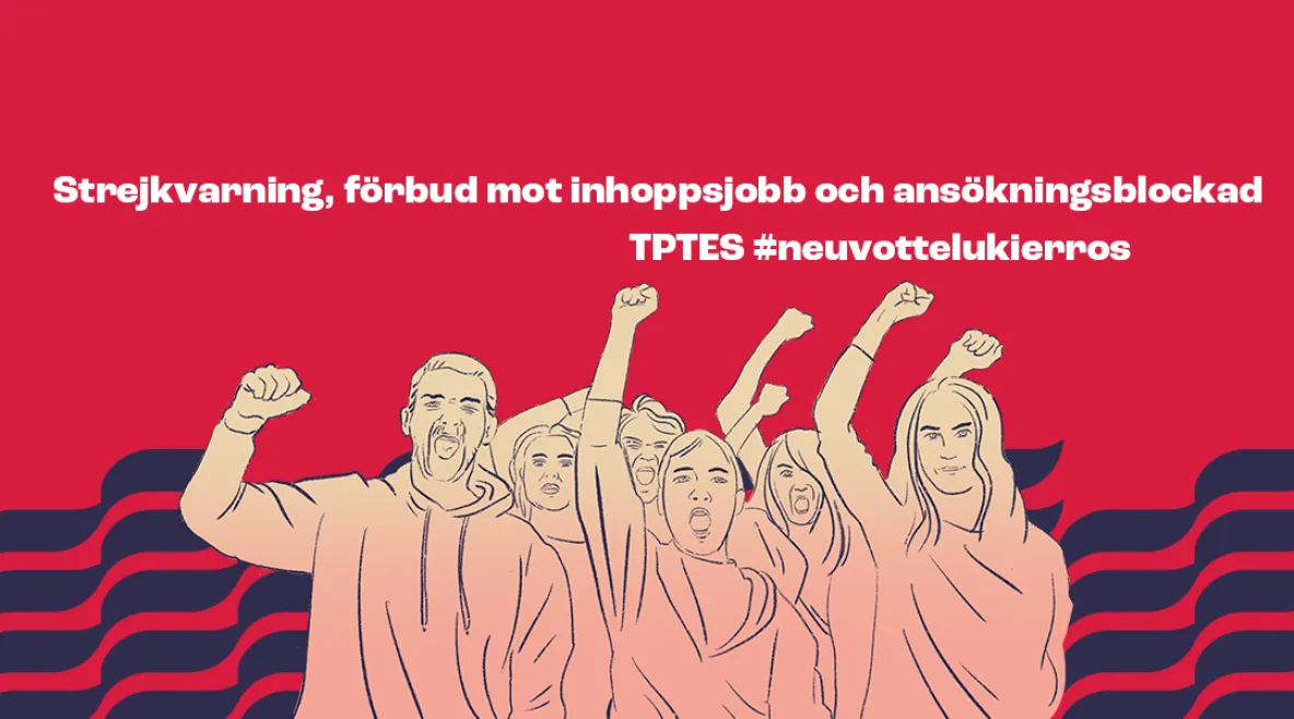 Punaisella pohjalla mielenosoittajia. Kyse on piirroskuvasta.