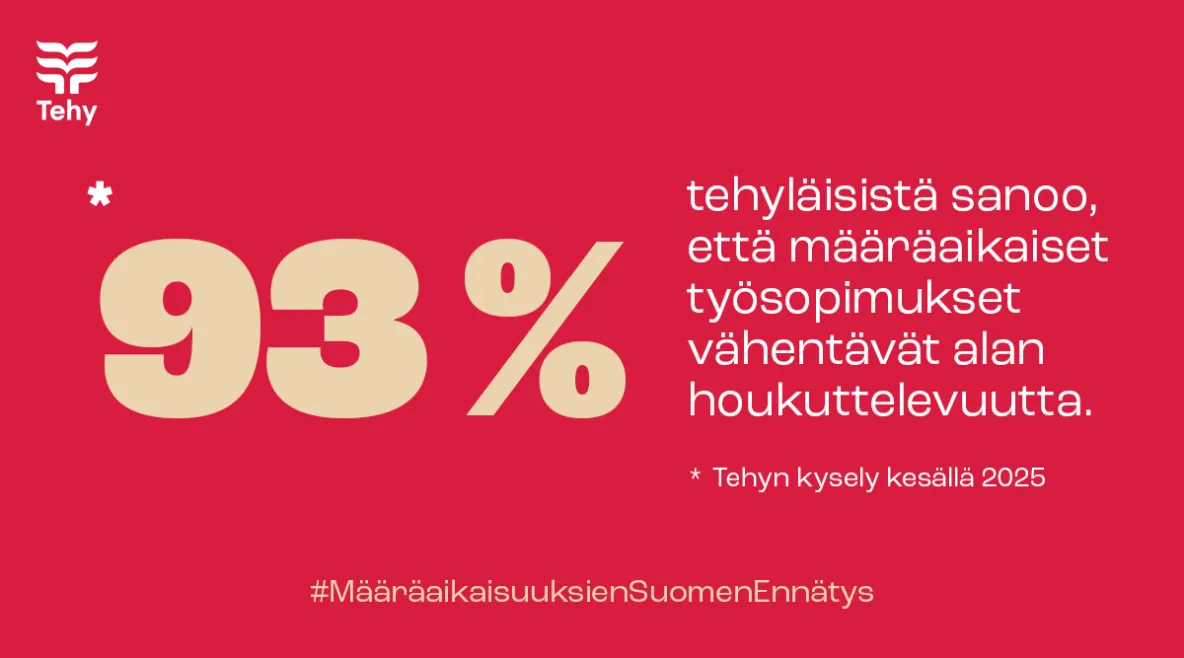 Punaisella pohjalla teksti, jossa lukee 93 % tehyläisistä sanoo, että määräaikaiset työsopimukset vähentävät alan houkuttelevuutta. 