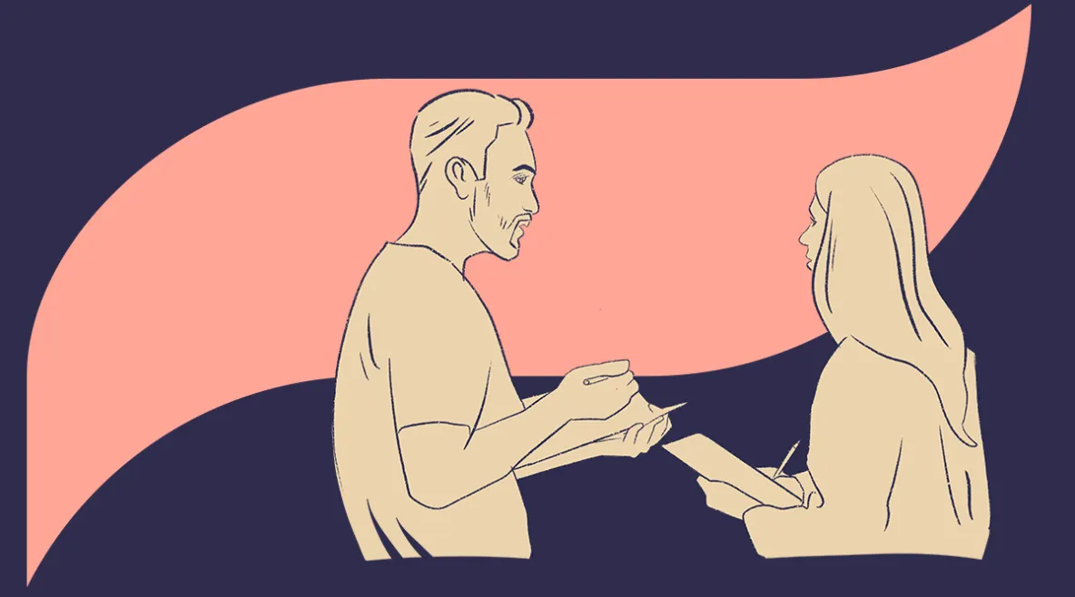 Piirroskuvassa kaksi hoitajaa puhuu keskenään. Kuvan tausta on tummansininen ja vaalean oranssi.