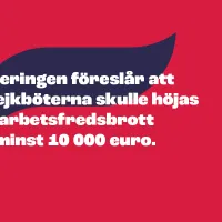 Piirroskuva, jossa lukee &quot;Regeringen föreslår att strejkböterna skulle höjas vid arbetsfredsbrott till minst 10 000 euro.