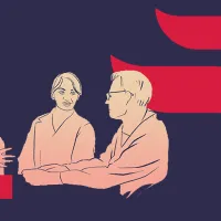 Sinisellä pohjalla oleva piirroskuva, jossa kolme henkilöä keskustelee keskenään.