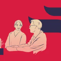 Punaisella pohjalla oleva piirroskuva, jossa kolme henkilöä keskustelee keskenään