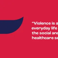Punaisella pohjalla sininen siipikuvio ja myös valkoinen teksti &quot;violence is a part of everyday life in the social and healthcare sector&quot;.