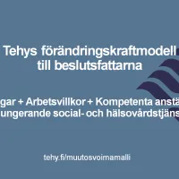 Piirroskuva sinisellä pohjalla, jossa teksti &quot;Tehys förändringskraftmodell till beslusfattarna&quot;.