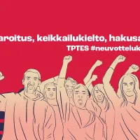 Piirroskuva, jossa lukee lakkovaroitus, keikkailukielto ja hakusaarto. Myös teksti TPTES #neuvottelukierros