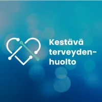 Sinisellä tausta sydämenmuotoinen logo ja sen vieressä teksti: Kestävä terveydenhuolto.