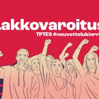 Piirroskuva, jossa on mielenosoittajia. Kuvassa on teksti &quot;lakkovaroitus, TPTES ja aihetunniste #neuvottelukierros