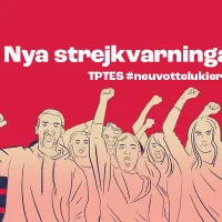 Punaisella piirrospohjalla mielenosoittajia. Kuvassa teksti &quot;strejkvarningar&quot;. Myös tekstit TPTES ja #neuvottelukierros