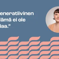 Sinisellä pohjalla teksti &quot;regeneratiivinen työelämä ei ole utopiaa&quot; ja naisen kuva.