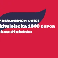 Punaisella piirrospohjalla teksti &quot;sairastuminen veisi keskituloiselta 1800 euroa kuukausituloista&quot;