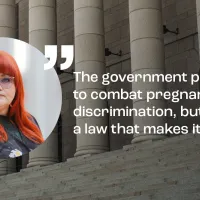 Kuvassa eduskunnan portaat ja Tehyn puheenjohtaja Millariikka Rytkönen. Kuvassa teksti "The government promises to combat pregnancy discrimination, but enacts a law that makes it easier."