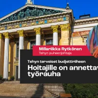 Kuvassa Helsingin säätytalo ja Tehyn puheenjohtaja Millariikka Rytkönen. Kuvassa teksti, joss lukee "Tehyn terveiset budjettiriiheen - hoitajille on annettava työrauha"