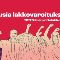 Piirroskuva, jossa mielenosoittajia. Kuvassa on teksti &quot;uusia lakkovaroituksia&quot;. Mukana on myös teksti TPTES ja #neuvottelukierros