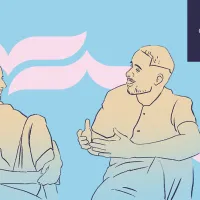 Piirroskuva, jossa mies ja nainen istuvat ja keskustelevat, lisäksi kuvassa logo, jossa lukee: Ammattiosastovaalit 2025