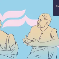 En man och en kvinna diskuterar och det även finns text i bilden som säger: Fackavdelningsvalet 2025