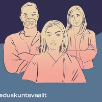 Kolme henkilöä piirroskuvassa kasvot eteenpäin