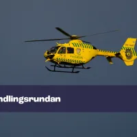 Kuvassa keltainen helikopteri ja teksti "förhandlingsrundan".