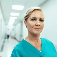 Hoitaja hymyilee sairaalan käytävällä. 
