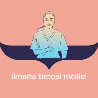 Piirroskuvassa iloinen nainen ja teksti "ilmoita tietosi meille".