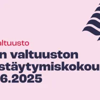 Vaaleanpunaisella pohjalla teksti &quot;Tehyn valtuuston järjestäytymiskokous 4. - 5.6.2025