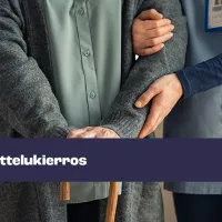 Kuvassa hoitaja taluttaa vanhusta. Kuvassa myös teksti, jossa lukee &quot;Tehy, neuvottelukierros&quot;.