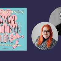 Piirrospohjalla kuva kirjasta, jossa lukee &quot;Elämän ja kuoleman huone&quot; sekä kuva Tehyn puheenjohtajasta Millariikka Rytkösestä ja kirjailija Riku Siivosesta.