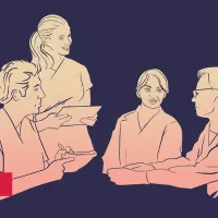 Piirroskuvassa hoitajat juttelevat keskenään, kuvassa myös punainen palkki, jossa lukee #sostes.