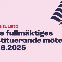 Vaaleanpunaisella pohjalla teksti &quot;Tehys fullmäktiges konstituerande möte 4. - 5.6.2025