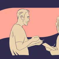 Piirroskuvassa kaksi hoitajaa puhuu keskenään. Kuvan tausta on tummansininen ja vaalean oranssi.