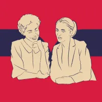 Kaksi piirrettyä naishahmoa juttelee. Kuvassa on punainen tausta, jossa sininen kuvio. 