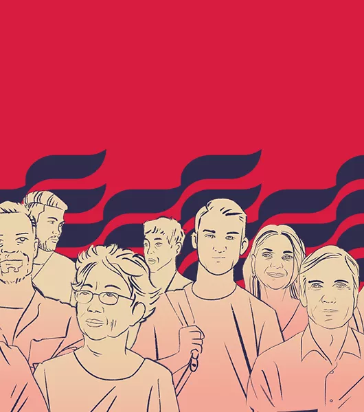 Joukko ihmisiä seisoo ryhmänä piirroskuvassa