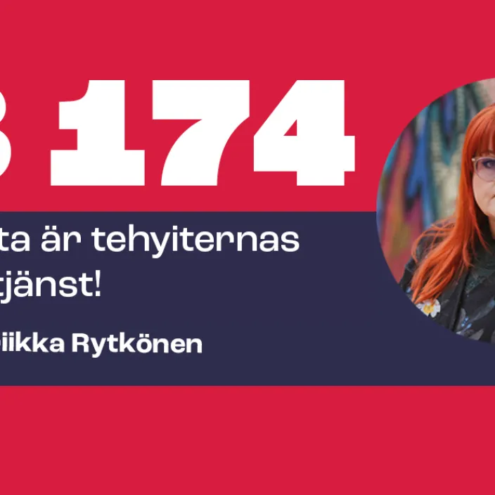 Kuvassa Tehyn puheenjohtaja Millariikka Rytkönen ja teksti "Detta är tehyiternas förtjänst!"