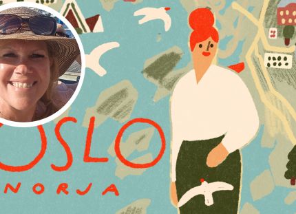 Piirroskuvitus Oslosta ja Elinan kasvokuva.