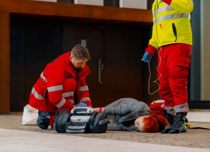 Tehyn juristi: Ensihoitajien kohtaama väkivalta viimein rikoslakiin, mutta saman tulisi koskea koko sote-henkilöstöä. Ensihoitajat auttavat maassa makaavaa potilasta julkisella paikalla.
